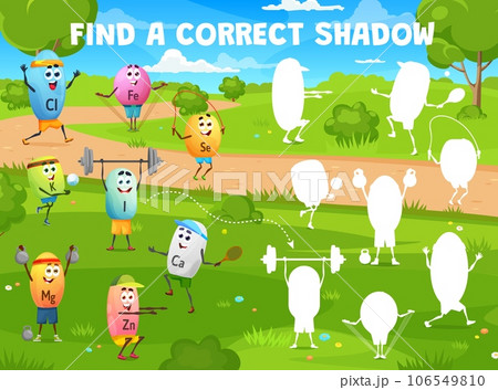 Find correct shadow of cartoon sportsman characters. Vector educational children game worksheet with Cl, Fe, Se, K, I, Ca, Mg and Zn micronutrient capsules personages exercise in park on sunny day Find correct shadow of cartoon sportsman characters. Vector educational children game worksheet with Cl, Fe, Se, K, I, Ca, Mg and Zn micronutrient capsules personages exercise in park on sunny day 106549810