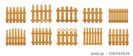 Wooden fence, farm ranch, garden palisade or banister, vector wood picket barrier. Cartoon wooden fence or house enclosure railing with rustic old planks, nails and arrowheads of entrance gates 106549826
