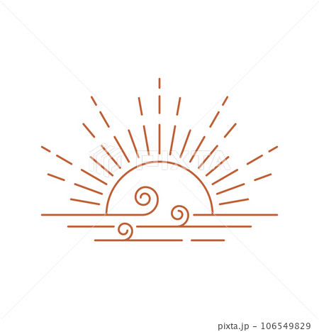 Sunrise or sunset at sea waves isolated outline icon. Vector bohemian linear logo, boho sun rise and dawn geometric abstract design element for decoration Sunrise or sunset at sea waves isolated outline icon. Vector bohemian linear logo, boho sun rise and dawn geometric abstract design element for decoration 106549829