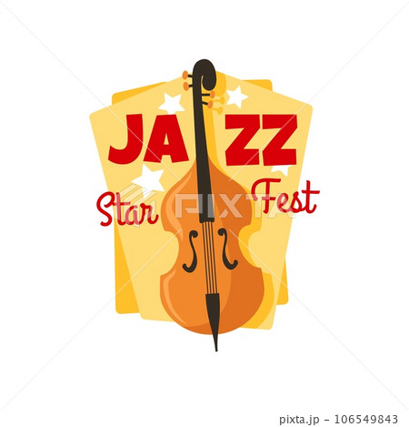 Jazz music festival, live band concert fest icon for musical performance, vector poster. Violoncello bass retro or vintage cartoon icon with stars for jazz festival or music bar live event 106549843
