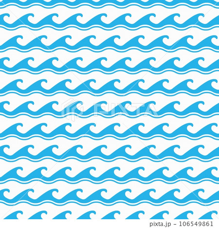 Blue ocean and sea waves seamless pattern with curly line ornament. Blue water surf background of marine nature with abstract geometric pattern of sea and ocean storm waves, ripples and scrolls 106549861
