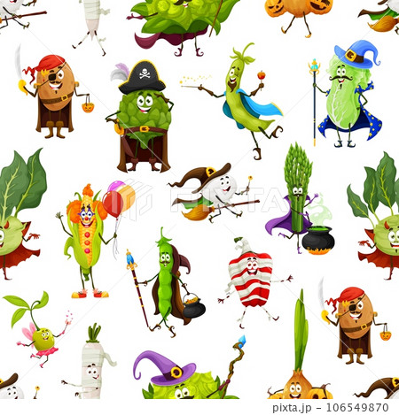 Cartoon Halloween vegetable characters seamless pattern. Fabric or textile vector print with artichoke pirate, corn clown, mushroom witch and bean wizard, olive fairy, cabbage sorcerer funny personage 106549870