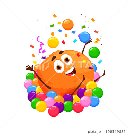 Cartoon cheerful grapefruit or orange fruit character on birthday party, anniversary holiday celebration. Birthday greeting, anniversary holiday funny fruit vector personage having fun in ball pit 106549883