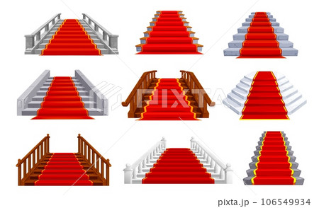 Castle and palace staircases. Stone and wooden stairs with red carpet. Fantasy ballroom, theater or royal palace isolated stairway, museum hallway marble and wooden staircases with carpet and baluster 106549934