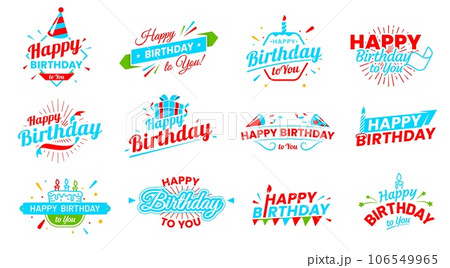 Happy birthday icons. Anniversary event festive calligraphy background, birth day party congratulation handwritten sign or happy birthday greeting text vector banner with cake candles, fireworks 106549965