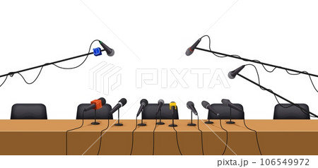 Press conference table interior with microphones. Politics debate, public speaker speech or announcement, live broadcast vector backdrop. Television press conference or news interview concept or cover Press conference table interior with microphones. Politics debate, public speaker speech or announcement, live broadcast vector backdrop. Television press conference or news interview concept or cover 106549972