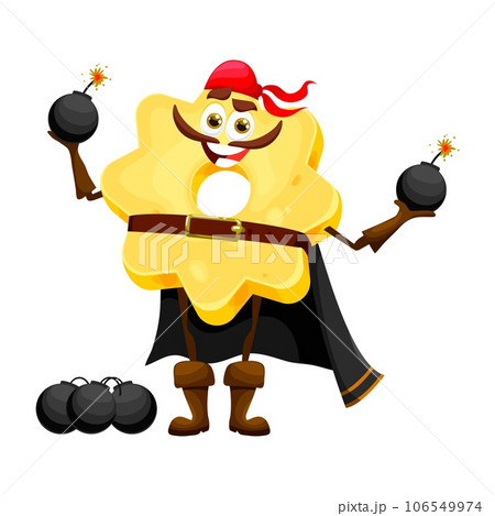 Cartoon stelle italian pasta pirate character. Italian meal corsair childish personage, wheat noodle buccaneer or Italy cuisine stelle pasta pirate isolated vector happy mascot with cannonballs 106549974