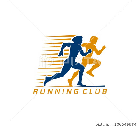 Marathon run competition, sport club or gym icon. Running competition, gym or fitness club or sport championship vector emblem. Marathon race symbol or sign with two sprinting sportsman silhouettes 106549984