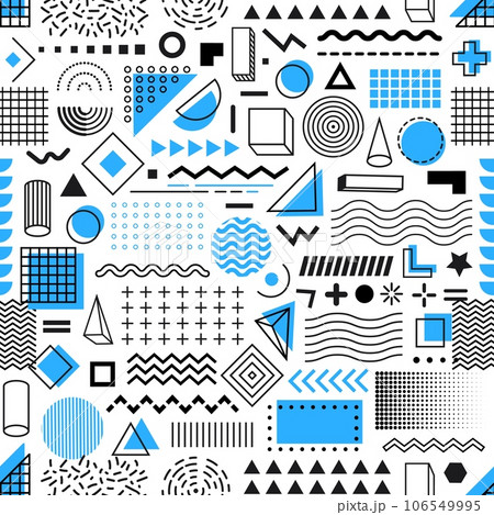 Memphis geometric shapes seamless pattern background, vector abstract modern line art. Memphis geometric elements of circle, triangle and rectangular square shapes with dot and blue line patterns 106549995