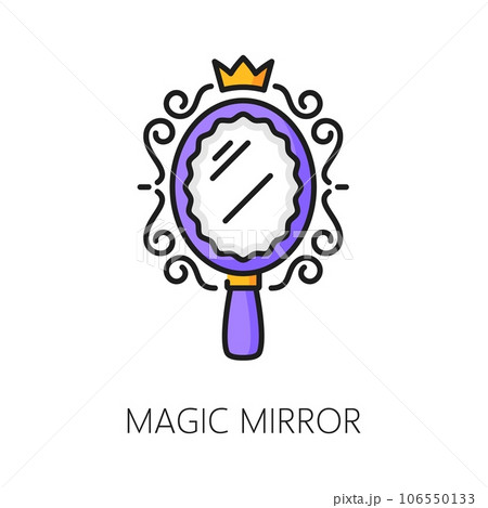 Magic mirror witchcraft and magic icon, mystery sign. Isolated vector linear enchanted item with mystical properties, revealing hidden truths and granting glimpses into the past, present, or future 106550133