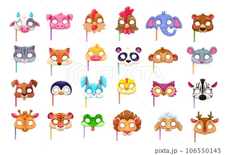 Cartoon carnival party animal masks. Vector cow, pig, chicken and rooster. Elephant, bear, cat and fox with duck or panda. Monkey, mouse, dog and penguin with rabbit or chick. Owl, zebra, giraffe 106550145