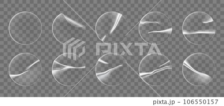 Transparent round plastic stickers, circle adhesive overlay patches, realistic vector. Adhesive patches and sticky film labels, transparent plastic foil stickers with crumpled or wrinkled texture 106550157