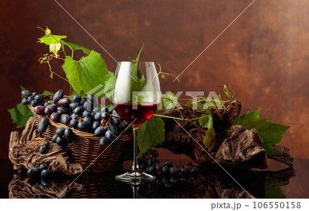Glass of red wine with blue grapes and vine branches. 106550158