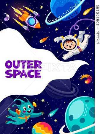 Space poster with cartoon alien, rocket and kid astronaut between space planets, vector background. Galaxy adventure and outer space exploration, kid spaceman and rocketship or spacecraft on planet 106550199