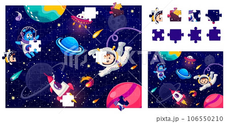 Jigsaw puzzle game pieces. Astronaut and alien in outer space. Form match vector riddle worksheet with alien and kid spaceman cute characters, rocket and UFO saucer spaceship, planet in starry galaxy 106550210