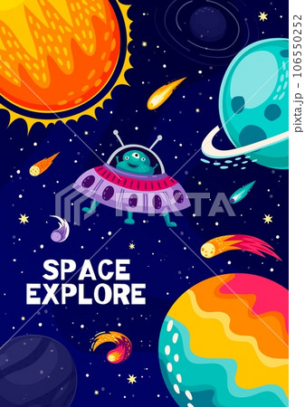 Cartoon space landscape poster with UFO, alien and planets in galaxy sky, vector background. Outer space exploration and galactic adventure poster with cosmic world planets and alien martian in UFO 106550252