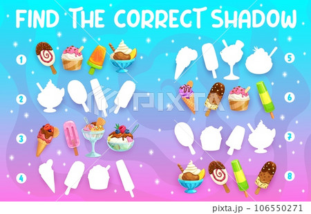Find correct shadow of cartoon ice cream chocolate stick and vanilla cone, sundae and fruit juice ice pop, vector puzzle game. Shadow match worksheet with frozen sweet ice cream scoops in wafer cones 106550271