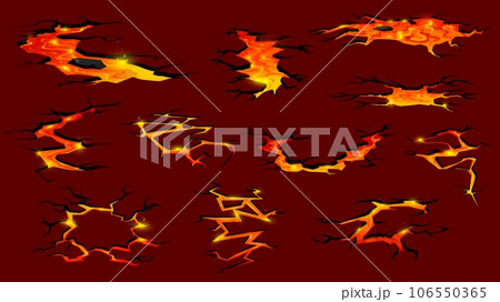 Volcano lava or magma fire ground cracks. Cartoon vector earthquake fissures, land destruction texture top view. Molten lava flows creating fiery rivers with intense heat and explosive force 106550365