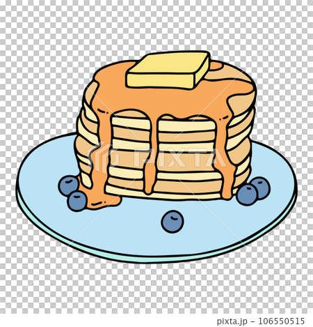 Charming and Minimalistic Pancake Illustration Adorned with Drizzled Honey, Juicy Blueberries, and a Dollop of Butter. 106550515