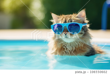 Funny fluffy cat in sunglasses is relaxing in the pool while on vacation in the tropics. Vacation and travel concept. cat in sunglasses Funny fluffy cat in sunglasses is relaxing in the pool while on vacation in the tropics. Vacation and travel concept. cat in sunglasses 106550602