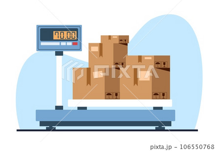 Weighing cardboard boxes with load on floor electronic scale. Warehouse equipment for measurement, delivery storage and shipping. Cartoon flat style isolated illustration. Vector concept 106550768