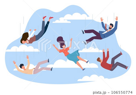 Various men and women fall in sky among clouds. Falling characters in different poses. Movement in air. People in flight motion posture. Cartoon flat style isolated vector concept 106550774
