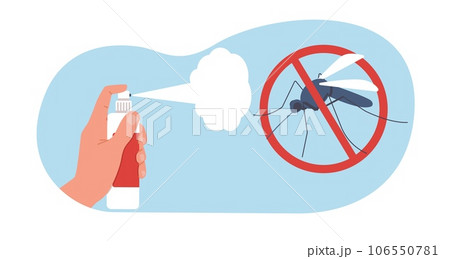 Spray for protection against mosquito bites. Hand hold spraying repellent aerosol. Bloodsucker insect in forbidden sign. Bugs bite prevention. Cartoon flat style isolated vector concept 106550781