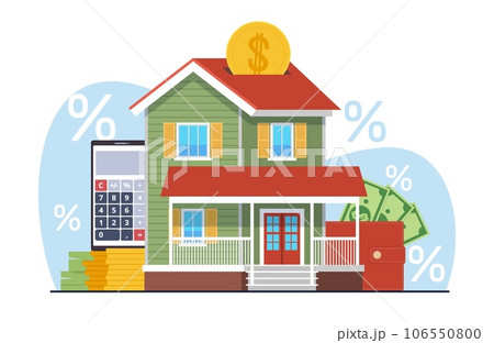 Mortgage loan concept, house with money, gold coins, calculator and wallet. Real estate. interest rate and and payment schedule, property purchase. Vector cartoon flat isolated illustration 106550800