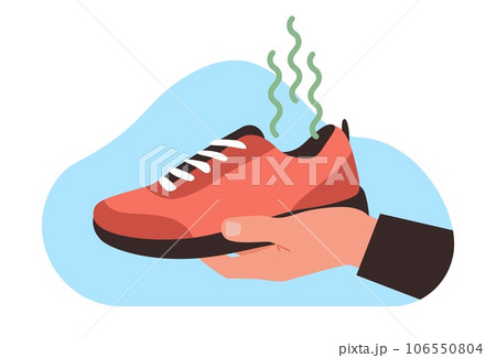 Man holds his shoes in his hand with very bad and unpleasant odor. Smelly shoe, dirt sneakers, mens old boots. Cleaning service image. Cartoon flat style isolated vector footwear concept 106550804