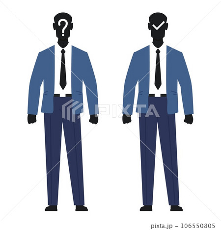Male anonymous, unknown faceless user, incognito business person with question and check mark on face. Businessman profile avatar. Human body. Cartoon flat style isolated vector concept Male anonymous, unknown faceless user, incognito business person with question and check mark on face. Businessman profile avatar. Human body. Cartoon flat style isolated vector concept 106550805