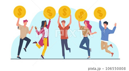 Happy young boys and girls jumping around with gold coins in their hands. Earning a salary or income. Men and women hold huge money. Cartoon flat style isolated illustration, vector concept Happy young boys and girls jumping around with gold coins in their hands. Earning a salary or income. Men and women hold huge money. Cartoon flat style isolated illustration, vector concept 106550808