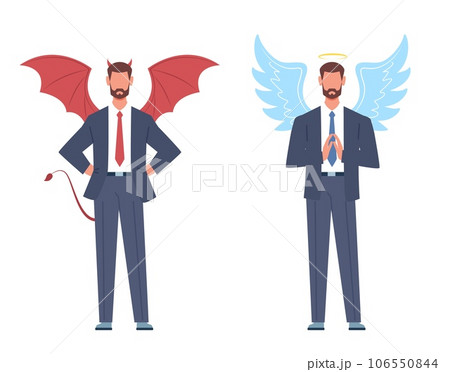 Concept of opposites, good and bad, businessman as angel and devil. Evil and good character standing in formal wear. Moral choice in business. Heaven and hell vector cartoon flat illustration 106550844