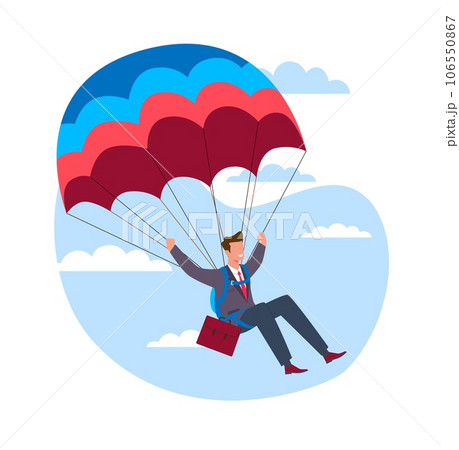 Businessman with briefcase parachutes down, taking risks to achieve his goal. Extreme dangerous strategy. Parachutist man falling. Cartoon flat style isolated illustration. Vector concept Businessman with briefcase parachutes down, taking risks to achieve his goal. Extreme dangerous strategy. Parachutist man falling. Cartoon flat style isolated illustration. Vector concept 106550867