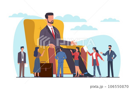Big boss is sitting in chair with little people walking around downstairs. Subordinate and manager. Selfish man. Tiny employees. Cartoon flat isolated illustration. Vector arrogance concept Big boss is sitting in chair with little people walking around downstairs. Subordinate and manager. Selfish man. Tiny employees. Cartoon flat isolated illustration. Vector arrogance concept 106550870