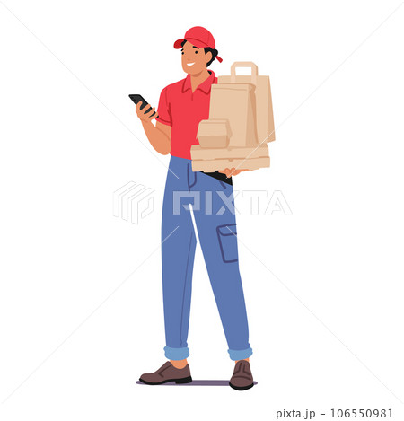 Courier Character Call From Mobile during Delivering Food Packages Ensuring Timely And Accurate Delivery, Vector 106550981