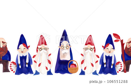 A family of gnomes. Seamless border for decorating walls in a children's room. Watercolor hand drawn illustration isolated on white background. 106551288