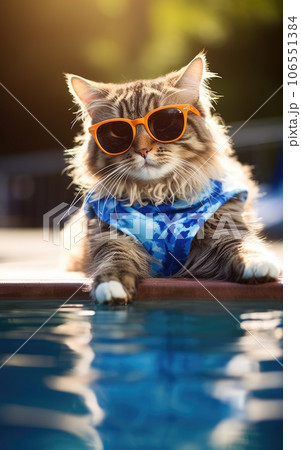 Funny fluffy cat in sunglasses is relaxing in the pool while on vacation in the tropics. Vacation and travel concept. cat in sunglasses Funny fluffy cat in sunglasses is relaxing in the pool while on vacation in the tropics. Vacation and travel concept. cat in sunglasses 106551384
