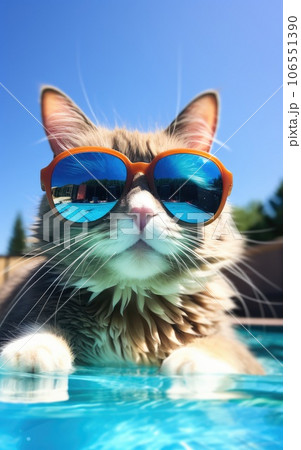 Funny fluffy cat in sunglasses is relaxing in the pool while on vacation in the tropics. Vacation and travel concept. cat in sunglasses Funny fluffy cat in sunglasses is relaxing in the pool while on vacation in the tropics. Vacation and travel concept. cat in sunglasses 106551390