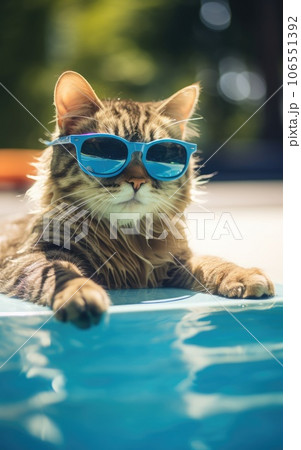 Funny fluffy cat in sunglasses is relaxing in the pool while on vacation in the tropics. Vacation and travel concept. cat in sunglasses Funny fluffy cat in sunglasses is relaxing in the pool while on vacation in the tropics. Vacation and travel concept. cat in sunglasses 106551392
