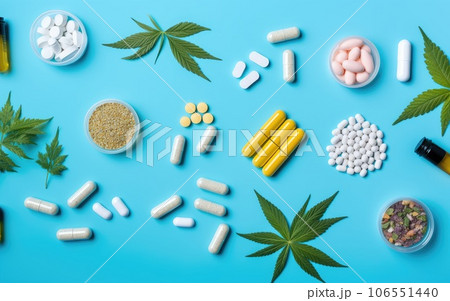 Background of cannabis leaf and drug capsules. narcotic drug in medicine. monophonic background with medicines. Background of cannabis leaf and drug capsules. narcotic drug in medicine. monophonic background with medicines. 106551440