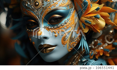 Venetian carnival mask and beaded jewelry on a woman, close-up. Von Mardi Gras. Venice Carnival Venetian carnival mask and beaded jewelry on a woman, close-up. Von Mardi Gras. Venice Carnival 106551441