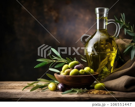 Bottle with oil and olives, extra virgin olive oil. useful oil for health. Bottle with oil and olives, extra virgin olive oil. useful oil for health. 106551447