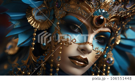 Venetian carnival mask and beaded jewelry on a woman, close-up. Von Mardi Gras. Venice Carnival Venetian carnival mask and beaded jewelry on a woman, close-up. Von Mardi Gras. Venice Carnival 106551448