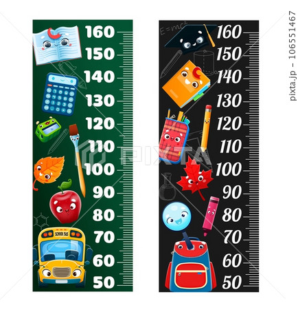 Kids height chart ruler with cartoon school stationery characters on blackboard background. Vector children growth measure scale wall sticker with cute school bus, book, pencil and notebook personages 106551467