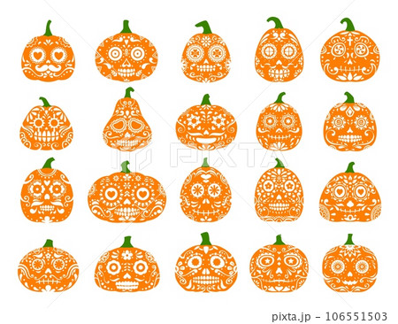 Halloween party mexican pumpkins. Dia de los muertos holiday spooky characters with calavera sugar skull pattern. Vector traditional decorated calaca gourds with smiling faces, for festive celebration 106551503