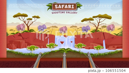 African safari hunting carnival shoot game, shooting range. Cartoon vector amusement park booth with elephant, hippo and alligator aims. Hunt entertainment stall with targets, and rifle guns in row 106551504