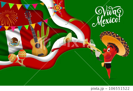 Viva mexico paper cut banner with national flag color and mariachi pepper character. Vector background with guitar, cactus, garland and avocado. Pinata, jalapeno and avocado mexican culture symbols Viva mexico paper cut banner with national flag color and mariachi pepper character. Vector background with guitar, cactus, garland and avocado. Pinata, jalapeno and avocado mexican culture symbols 106551522
