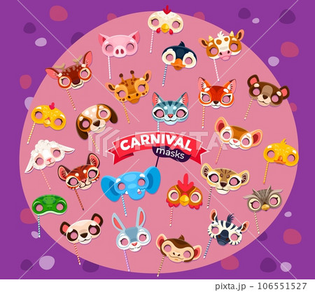 Cartoon animal carnival party masks or birthday holiday celebration costumes. Vector chicken, pig, penguin and cow. Fox, cat, giraffe and bear, duck, dog and elephant. Zebra, owl and monkey or hare Cartoon animal carnival party masks or birthday holiday celebration costumes. Vector chicken, pig, penguin and cow. Fox, cat, giraffe and bear, duck, dog and elephant. Zebra, owl and monkey or hare 106551527