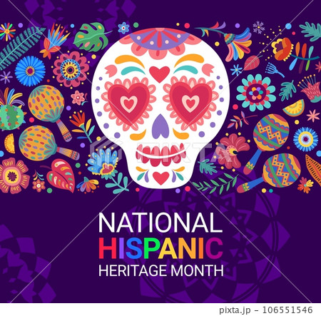 Calavera sugar skull and tropical flowers. National hispanic heritage month festival banner. Vector background with ornate dead calaca head, celebrating rich cultur of the hispanic community promo 106551546