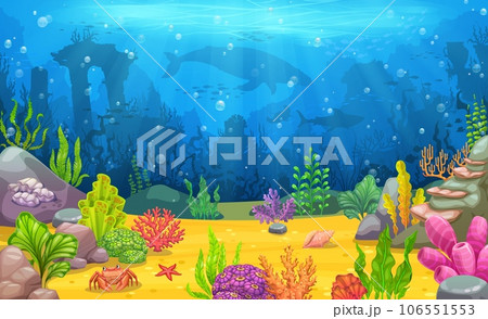Underwater landscape with sea animal silhouettes, sunken ancient town and bright seaweeds on bottom. Underwater aquatic life vector wallpaper with whale, shark, fish shoal silhouette and seaweed 106551553